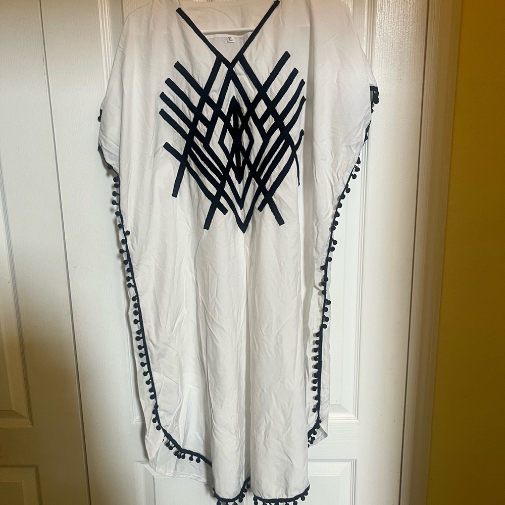 White Boho Dress with Black Geometric Design And Fringe